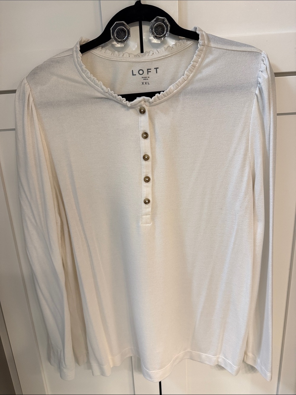LOFT Cream Long Sleeve Ruffle Henley Top